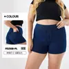 Shorts de Mezclilla Deportivos Cruzados Europeos y Americanos Talla Grande para Mujer de Cintura Alta Ajustados Transpirables Adelgazantes con Doble Bolsillo