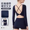 Camiseta de Manga Larga para Yoga con Sujetador Incorporado Sexy Espalda Cruzada Top Deportivo para Correr Ropa de Entrenamiento Pilates Fitness