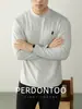 Camiseta Básica Bordada de Modal Pesado 260g Estilo Nuvem com Gola Meia-Alta e Manga Longa Masculina Outono e Inverno Caimento Fluido