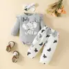 Macacão de bebê europeu e americano de letras com manga comprida e formato triangular, calça com laço, top para primavera e outono, calça de borboleta e elefante