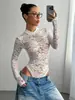 2025 Ropa de Mujer de Encaje Sexy Chica Caliente Deseo Puro Transparente Ajustado Cuello Redondo Manga Larga Camiseta Mono Estilo Europeo y Americano