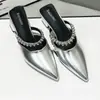 Nuevo Estilo Ropa de Exterior Sandalias de Tacón Grueso Puntiagudas Estilo Francés de Gama Alta para Mujer Verano 2025 Elegantes Mules Plateadas de Punta Cerrada
