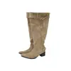 Versão em Couro Bico Fino Circunferência Grande Botas Longas Femininas Rebite Fivela de Couro Botas com Salto Bloco Botas de Cowboy Western Botas da Moda