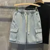 Shorts de Mezclilla para Hombre Verano Delgados Sueltos Cargo Largo hasta la Rodilla Estilo Americano Modernos High Street Rectos Cintura Elástica Shorts de Largo Medio