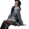 Suéter grueso de punto sin hombros de corte holgado para mujer, nuevo estilo otoño e invierno, top de punto sin hombros en gris