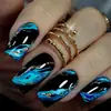 Parches de Uñas Postizas Removibles Cuadrados Negro y Azul con Líneas Irregulares Manchadas Decoración de Polvo Brillante Transfronterizos