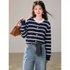 Casaco Cardigan Listrado Color Block Estilo Suave Primavera e Outono Estilo Coreano Preguiçoso Tricô Top