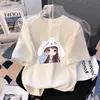 Camiseta de Manga Corta de Algodón Puro para Niñas Verano Nuevo Estilo Dibujos Animados Casual Versátil Top de Media Manga para Niños Medianos y Grandes