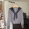 Estilo Coreano Outono e Inverno Novo Doce Redutor de Idade Simples Azul Marinho Estilo Academia Gola Xale Colorida Contrastante Pequeno Cardigã de Tricô para Mulheres