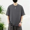Nueva Camiseta Casual de Color Sólido Simple para Hombre de Verano, Estilo Holgado Delgado, Cuello Henley, Top Camiseta de Manga Corta Retro Americana