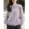 Cardigan de Tricô Gola Redonda Mistura de Lã Cashmere Outono/Inverno 2026 Manga Longa Feminino Cor Sólida Suéter de Lã Escovada