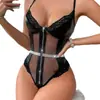 Comercio Exterior Transfronterizo Nuevo Estilo Europeo y Americano Lencería Sexy, Body de Tirantes Hueco de Malla de Cuero Patentado Sexy para Mujer, Conjunto de Atuendo Sexy