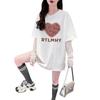 Playera de Algodón Puro con Encaje Empalmado Única y Hermosa para Mujer, Graffiti Corazón de Sal Estilo Ins Suelta Falsa de Dos Piezas Versátil Top Trendy