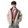 Moda Americana Chaqueta de Piel Sintética Hombre Otoño Desaliñado Guapo Alta Gama Cuello Alto Ropa de Motocicleta Marca de Moda Diseño de Color Sólido Sentido del Diseño Ropa de Abrigo
