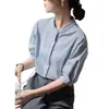 Camisa Azul de Manga Corta con Cuello Diseño de Verano para Mujer Camisa Suelta de Manga Media Algodón para Trabajo, Viajes, Entrevistas
