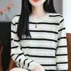 Camiseta básica de punto de seda de hielo a rayas retro clásica francesa con bloques de color de manga larga y cuello redondo para mujer, nueva para primavera/verano