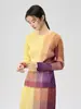Conjunto de Moda de Falda Versátil Juvenil Elegante Colorblock Plegada de Manga Larga de Alta Calidad Dopamina