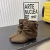 Botines cuadrados de estilo coreano para mujer, botines de tacón de cuña que aumentan la altura para otoño, botines plisados apilados, botines estilo cowboy western, botines de moda