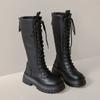 Botas Pretas de Cano Alto para Mulheres, Novo Estilo Outono e Inverno 2026, Sola Grossa, Salto Bloco, Botas Longas Martin com Cadarço Estilo Britânico