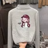 Camiseta Térmica de Felpa para Niña Otoño/Invierno Nuevo Estilo Camiseta de Manga Larga Infantil Ropa Interior Elegante para Bebé Top de Rayas de Cuello Alto