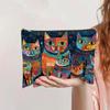 Bolsa de maquiagem vintage com estampa de gato, grande capacidade, em lona com zíper, ideal para guardar lápis e outros cosméticos.
