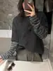 Elegante Diseño de Hombros Rectos, Camiseta de Manga Larga a Rayas de Terciopelo Alemán Cepillado para Mujer, Capa Base Engrosada, Top Falso de Dos Piezas para Otoño e Invierno