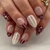 Puntas de uñas de diseño personalizado, superventas transfronterizas, color vino tinto, estilo francés, pintadas a mano con flores blancas, rayas verticales, desmontables, forma de almendra, 30 piezas