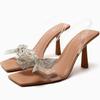 Zapatos de Verano 2023 Nuevos para Mujer Sandalias de Tacón Alto de Aguja Francesas con Lazo de Pedrería Zapatos de Moda de Punta Cuadrada y Punta Abierta para Mujer