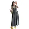 Conjunto de Maternidad: Vestido Largo Gris-Verde con Escote Cuadrado, Diseño Retorcido Forma H, Sin Mangas de Tirantes + Camiseta de Manga Corta