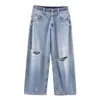 Jeans Casual Feminino 2026 Primavera Estilo Europeu e Americano Moderno Cintura Dupla Gradiente Duas Cores Cintura Média Perna Reta