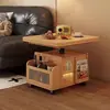 Mesa de Centro Dobrável Ajustável em Madeira Maciça para Apartamentos Pequenos, Mesa de Chá com Carrinho Móvel, Suporte de Chá de Dupla Finalidade, Armário Multifuncional Lateral de Sofá