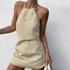 Vestido Cruzado com Gola Halter para Mulheres, Verão Algodão e Linho Slim Fit Corte A Curto, Vestido Retro Sexy de Cintura Alta