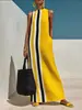 Vestido sin mangas de bloques de color con rayas verticales para mujer, estilo europeo y americano, cuello alto, corte recto holgado, con bolsillos, vestido largo tipo tank para vacaciones