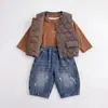 Conjunto de Invierno Súper Elegante para Niño Pequeño Bebé de Un Año Niño Ropa de Invierno Cálida Chaleco Pantalones Largos con Forro de Terciopelo Conjunto de Tres Piezas