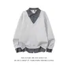 Sudadera Gris Falsa de Dos Piezas para Hombre en Primavera y Otoño con Mangas Largas Sencillas Estilo Old Money Retro Americano Tops Sueltos para Pareja