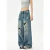 Jeans azules rasgados de pierna ancha para mujer, nuevo estilo otoño 2026, talla grande, corte holgado, adelgazante y con un diseño de pierna recta y fluido