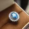Anel de Topázio Azul Suíço Natural de Luxo com Incrustação de Prata 925 e Contorno Luxuoso de Diamantes, Envio Direto da Fábrica