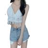 Camisola tejida para mujer, diseño con sentido del estilo, ropa exterior playera, hermosa espalda con cuello colgante, top de encaje con almohadillas para el pecho para mujer