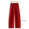 Pantalones deportivos rojos de pierna ancha curvada para mujer, nuevo modelo primavera/otoño 2026, de cintura alta, con cordón, corte holgado, pantalones de pierna ancha fluidos