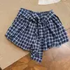 Shorts de Verano Estilo Coreano con Botones / Diseño Irregular de Cuadros con Lazos Conjunto de Estilo Académico Shorts de Chica Popular