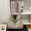Moda Transfronteiriça Feminina Bolsa Tecida Listrada Color Block Arco-Íris Retrô para Axila Bolsa Tote Transversal Tendência Estilo Coreano Grande Capacidade