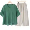 Camiseta Bordada de Manga Corta de Alta Gama para Mujer 2026 Verano Nuevo Estilo Conjunto de Dos Piezas para Madres de Mediana Edad con Pantalones y Top