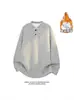 Sudadera Retro Americana de Felpa Chenilla Forrada para Hombre Otoño e Invierno Corte Limpio Camisa Base de Sarga Camisa Henley Pequeña Fragante