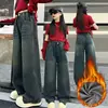 Calça Jeans Feminina Primavera e Outono 2024 Nova Infantil Outono e Inverno Forrada com Fleece Espessada Estilo Western Solta de Perna Reta Perna Larga