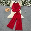 Conjunto de Dos Piezas para Mujer Primavera 2025 con Pliegues, Cuello en V, Cordones en la Cintura, Mangas de Linterna, Top, Pantalones Anchos de Pierna, Cintura Alta, Pliegues, Cortos