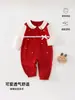 Mameluco de algodón clase A para bebé, manga larga, para primavera y otoño, cuello de muñeca, lazo de cinta, atuendo elegante para bebé de 100 días