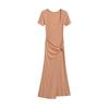 Vestido Retro Elástico de Cuadrado Europeo y Americano de Manga Corta para Mujer con Cintura de Diseño Retorcido Cruzado Falda Larga que Cubre la Cadera Color Puro