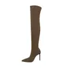 Botas over-the-knee estilo europeu e americano para mulheres, best-sellers de outono e inverno, botas de salto alto com bico fino da moda, botas finas elásticas marrons