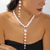 Colar Longo com Franja de Pérola Imitação Vintage Transfronteiriço para Mulheres, Conjunto de Brincos Simples com Contas Redondas para Camadas