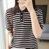 26 Top casual de manga corta para mujer, estilo coreano, cuello medio abierto, algodón puro, bloques de color, rayas, floral, botones, corte ajustado